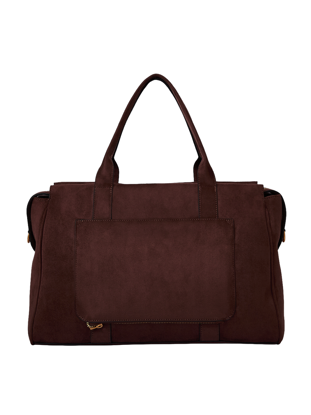 Poppy & Peonies Effortless Tote in Espresso Suede back view, featuring top handles and a large exterior slip pocket.