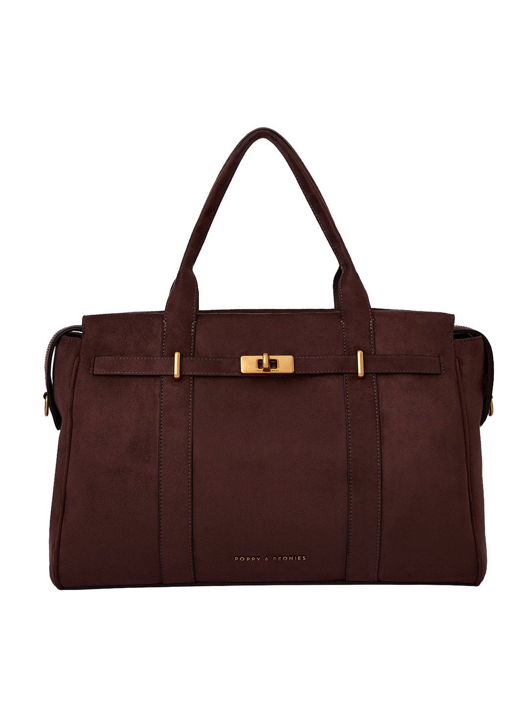 Poppy & Peonies Effortless Tote in Espresso Suede front view, featuring top handles, structured silhouette, belted detail and gold-tone turn-lock hardware.