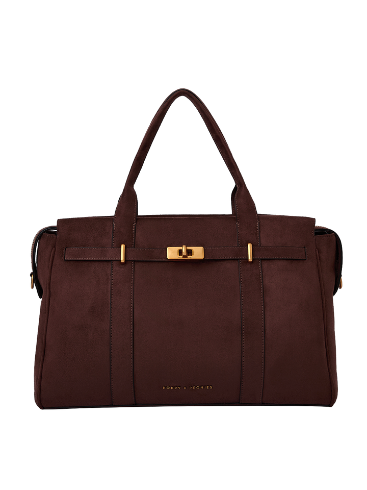 Poppy & Peonies Effortless Tote in Espresso Suede front view, featuring top handles, structured silhouette, belted detail and gold-tone turn-lock hardware.