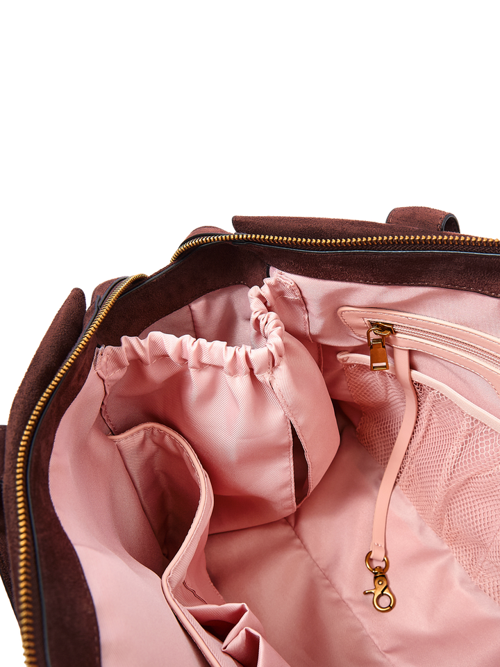 Poppy & Peonies Effortless Tote in Espresso Suede interior close-up, highlighting elasticized compartments, zippered pocket, mesh pocket and key leash.