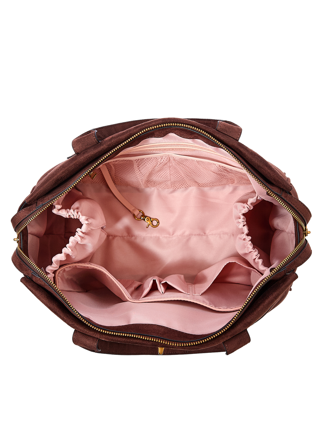 Poppy & Peonies Effortless Tote in Espresso Suede open top view, showcasing the spacious blush-pink lined interior with multiple organizational pockets.
