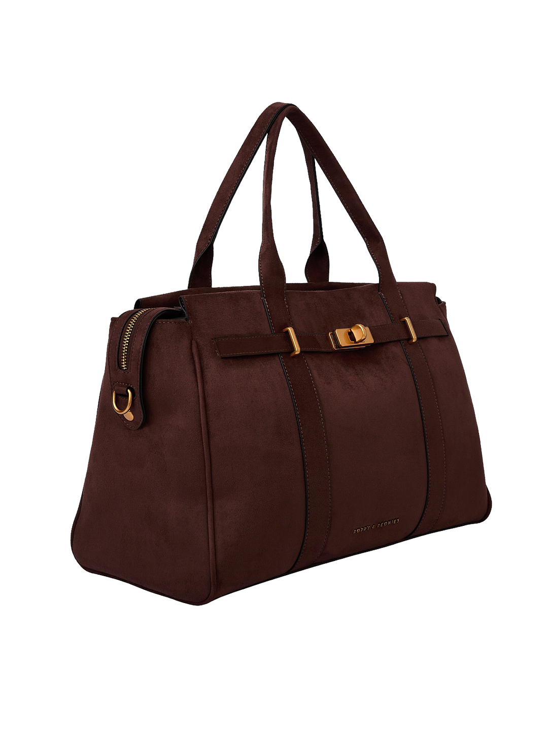 Poppy & Peonies Effortless Tote in Espresso Suede angled side view, highlighting the structured silhouette, top handles and gold-tone hardware.