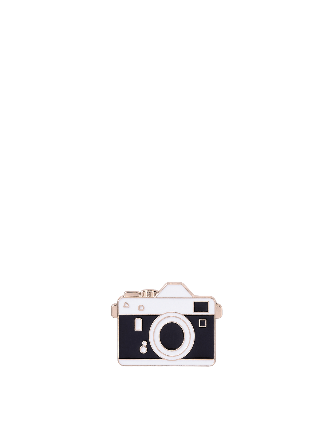 Poppy & Peonies Enamel Pin featuring a vintage black and silver camera with a circular lens and gold-tone accents.
