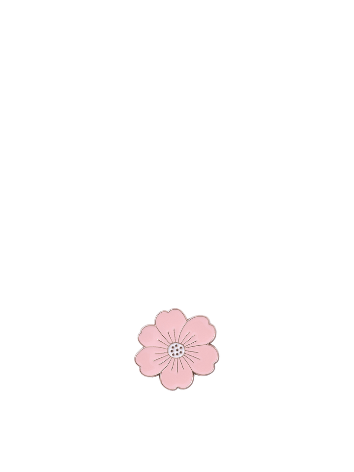 Poppy & Peonies Enamel Pin featuring a soft pink five-petal flower with a darker pink centre.