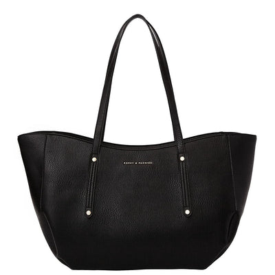 Front of a black Poppy and Peonies fashion tote bag