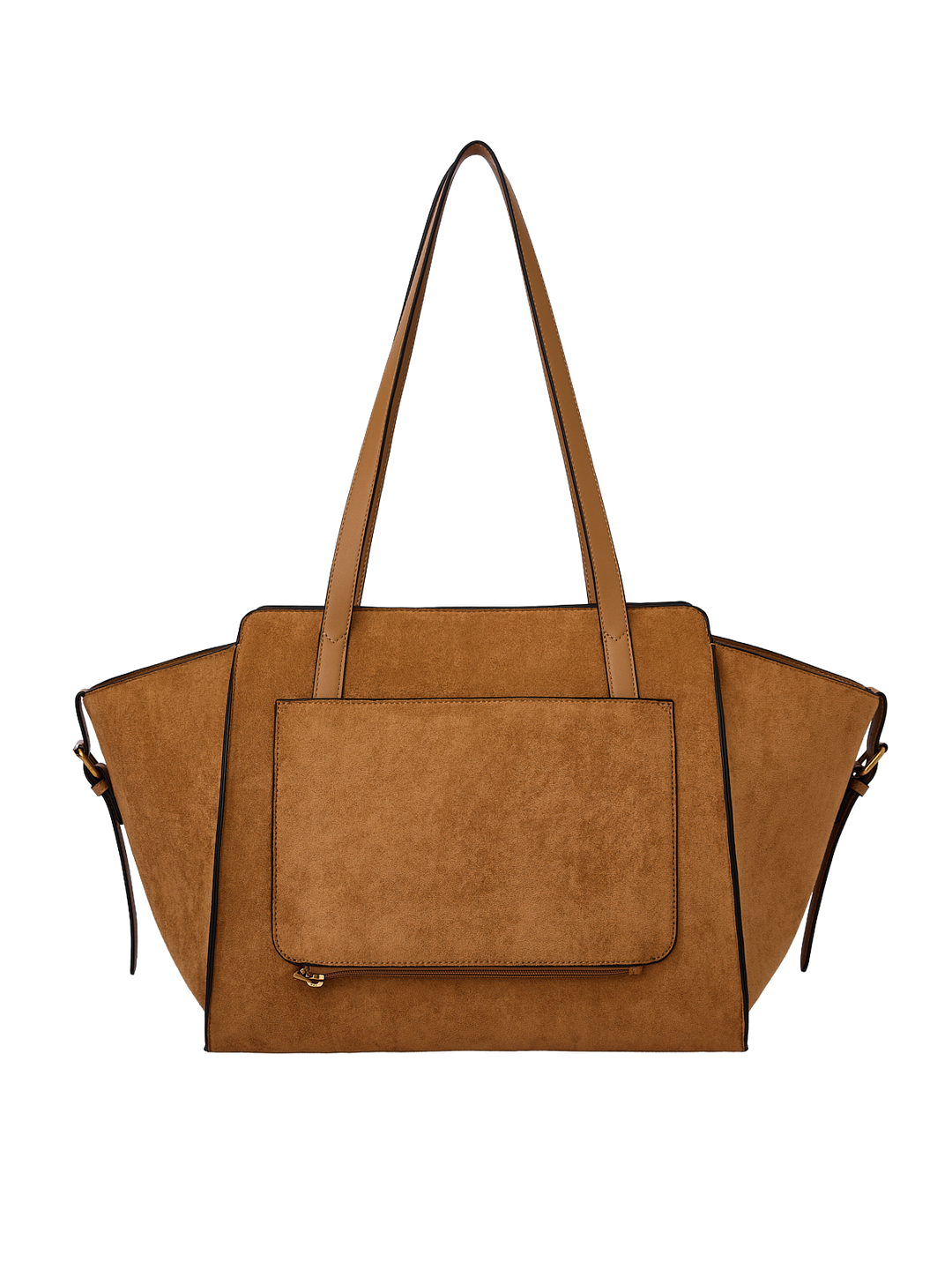 Poppy & Peonies Avenue Tote in Cognac Suede back view, featuring long shoulder straps, a structured silhouette and exterior slip pocket.
