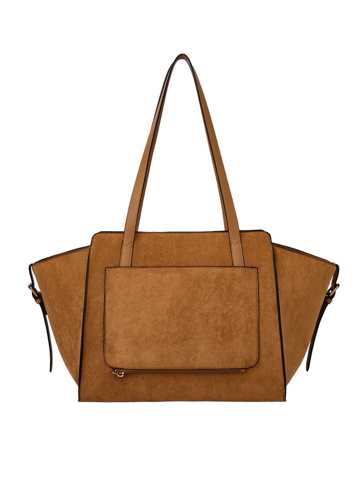 Poppy & Peonies Avenue Tote in Cognac Suede back view, featuring long shoulder straps, a structured silhouette and exterior slip pocket.