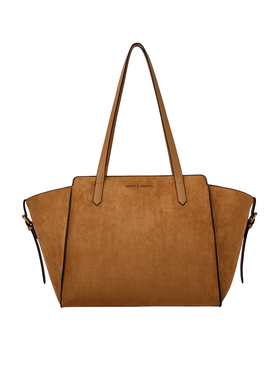 Poppy & Peonies Avenue Tote in Cognac Suede front view, featuring a structured silhouette, long shoulder straps and signature logo.