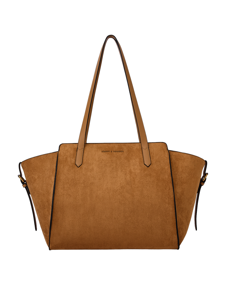 Poppy & Peonies Avenue Tote in Cognac Suede front view, featuring a structured silhouette, long shoulder straps and signature logo.