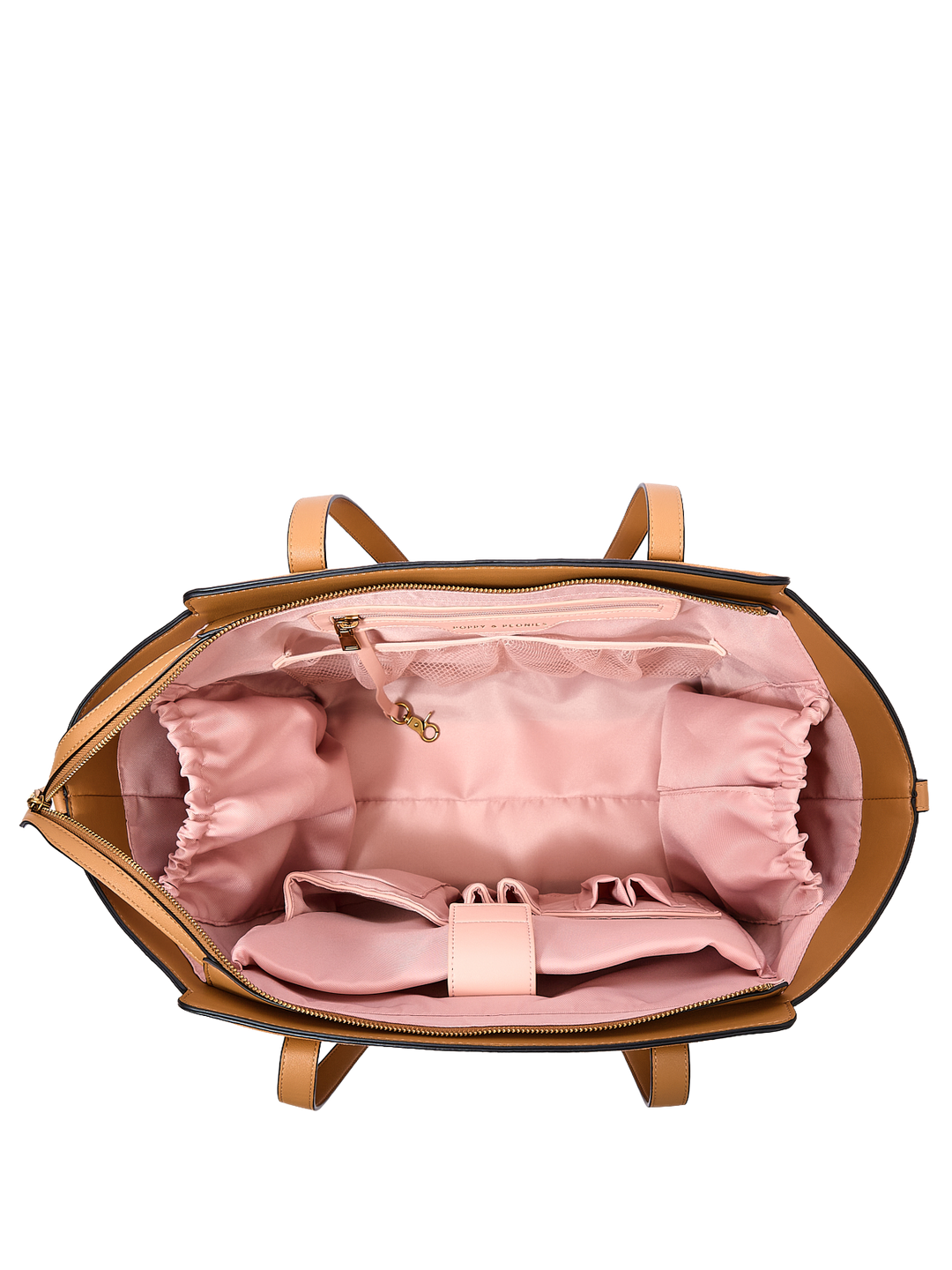 Poppy & Peonies Avenue Tote in Cognac Suede open top view, showcasing the spacious blush-pink lined interior and organized compartments.