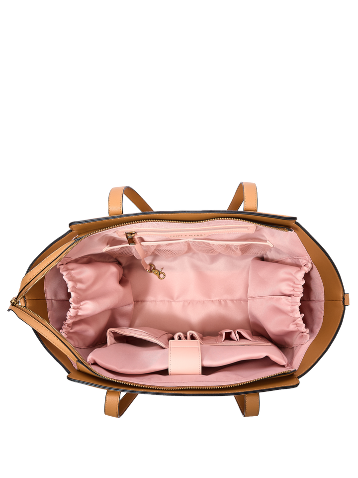 Poppy & Peonies Avenue Tote in Cognac Suede open top view, showcasing the spacious blush-pink lined interior and organized compartments.
