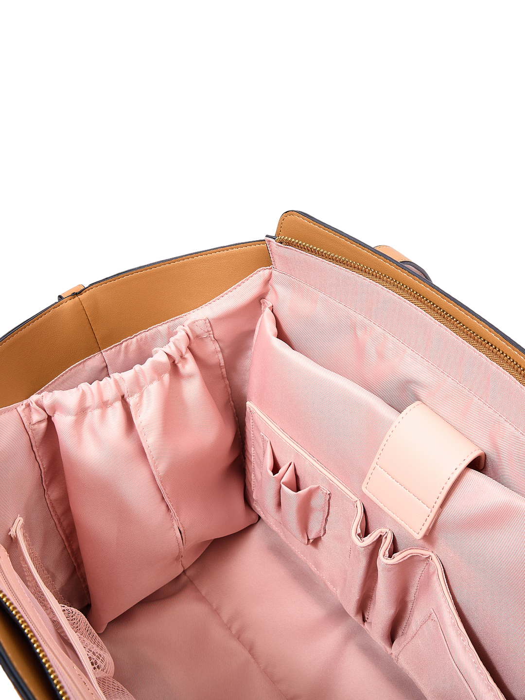 Poppy & Peonies Avenue Tote in Cognac Suede interior close-up, highlighting elasticized pockets and multiple slip pockets for organized storage.
