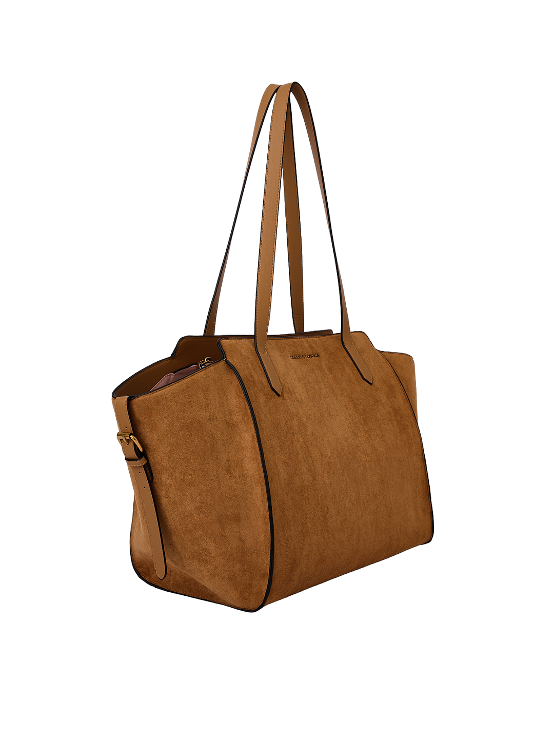 Poppy & Peonies Avenue Tote in Cognac Suede angled side view, highlighting the structured shape, long shoulder straps and soft suede exterior.