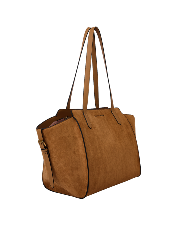 Poppy & Peonies Avenue Tote in Cognac Suede angled side view, highlighting the structured shape, long shoulder straps and soft suede exterior.