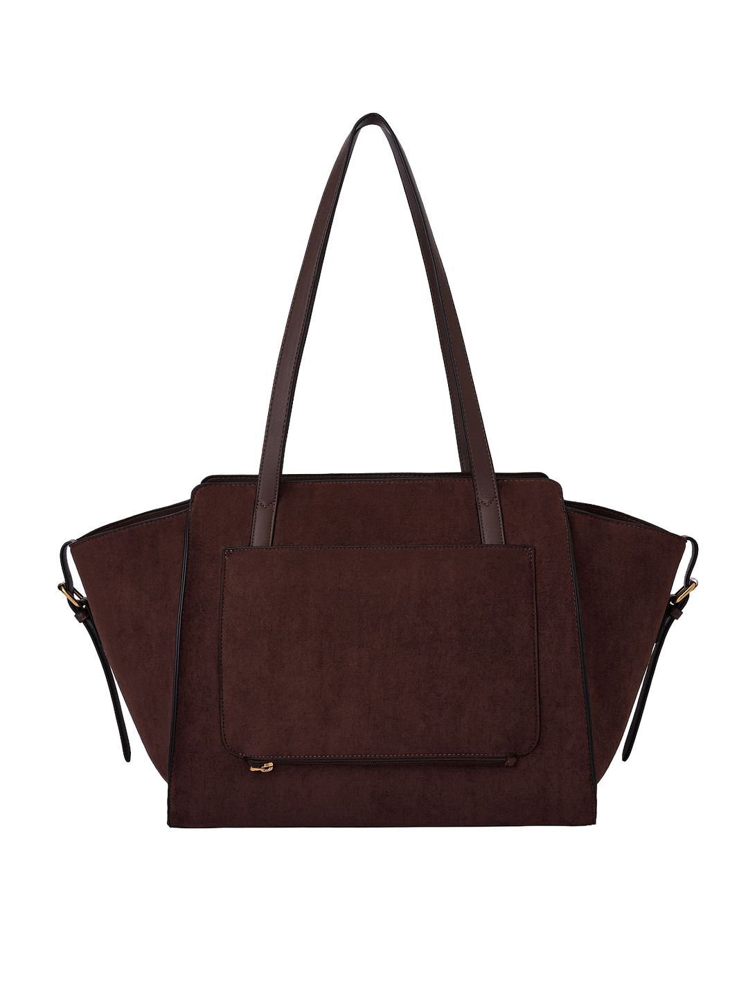 Poppy & Peonies Avenue Tote in Espresso Suede back view, featuring long shoulder straps, a structured silhouette and exterior slip pocket.