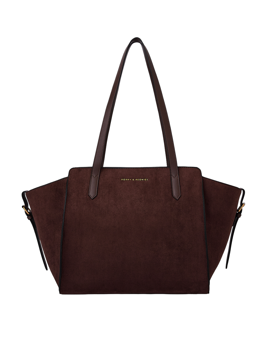 Poppy & Peonies Avenue Tote in Espresso Suede front view, featuring a structured silhouette, long shoulder straps and signature logo.