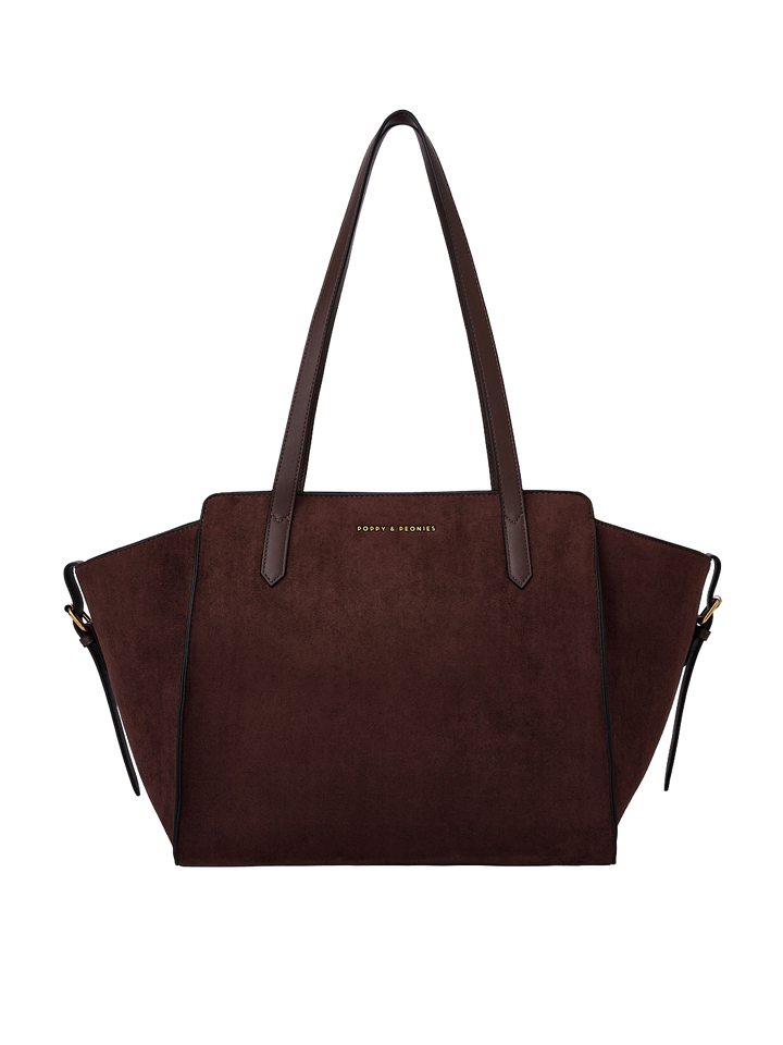 Poppy & Peonies Avenue Tote in Espresso Suede front view, featuring a structured silhouette, long shoulder straps and signature logo.