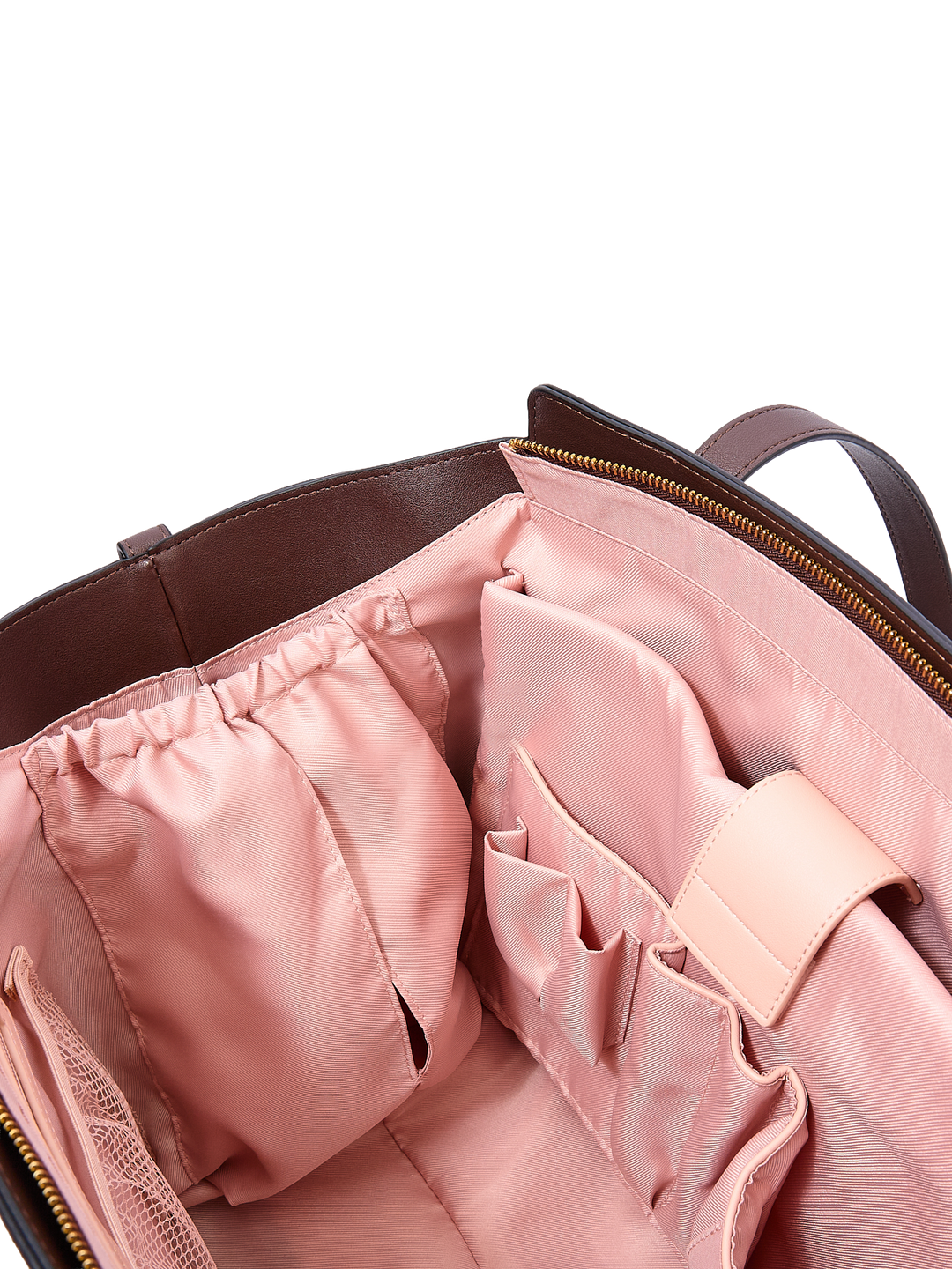 Poppy & Peonies Avenue Tote in Espresso Suede interior close-up, highlighting elasticized pockets and multiple slip pockets for organized storage.