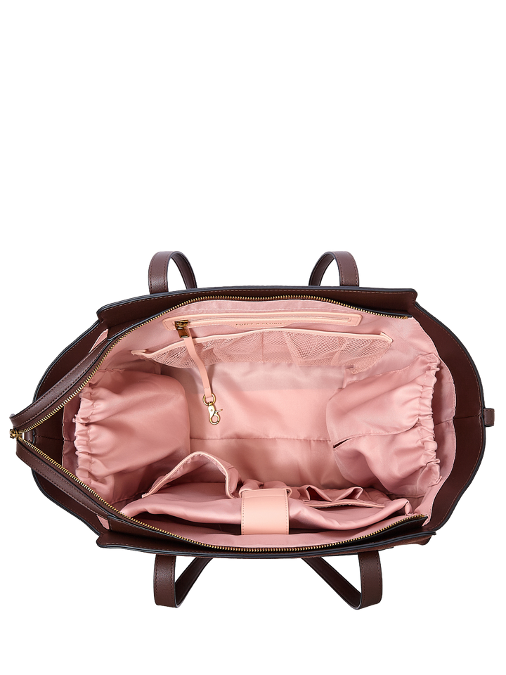 Poppy & Peonies Avenue Tote in Espresso Suede open top view, showcasing the spacious blush-pink lined interior and organized 