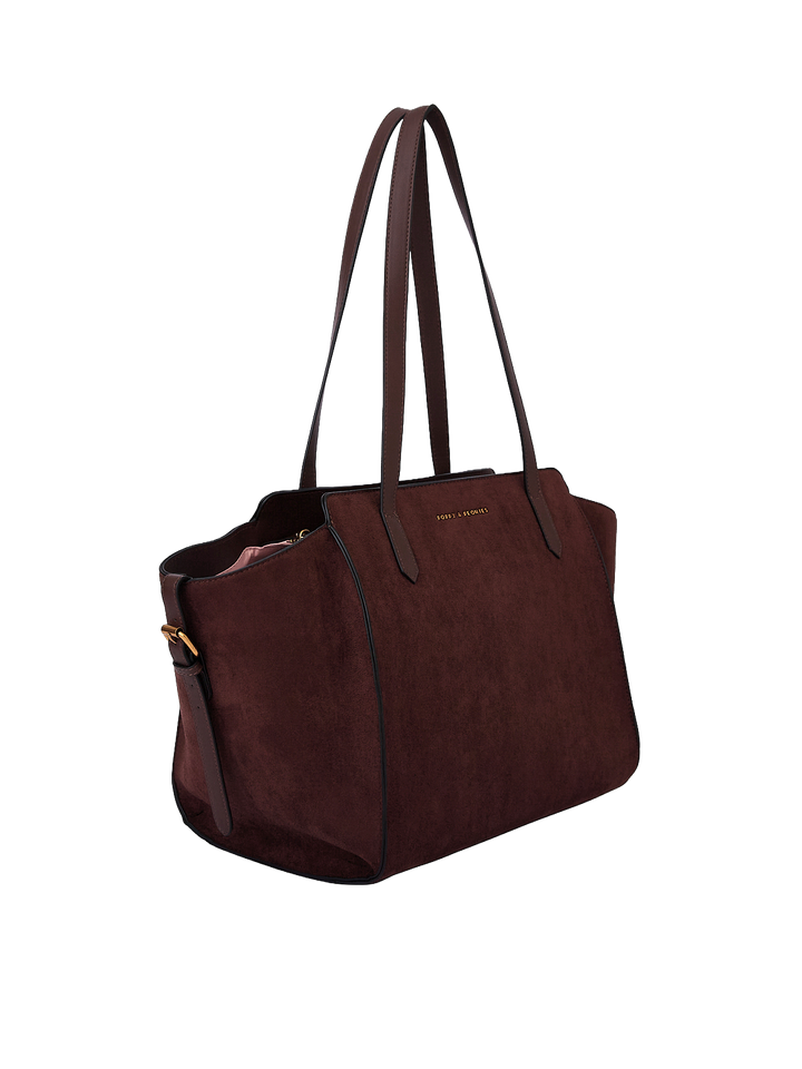 Poppy & Peonies Avenue Tote in Espresso Suede angled side view, highlighting the structured shape, long shoulder straps and soft suede exterior.
