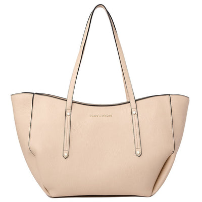 Front of a sand coloured Poppy and Peonies fashion tote bag