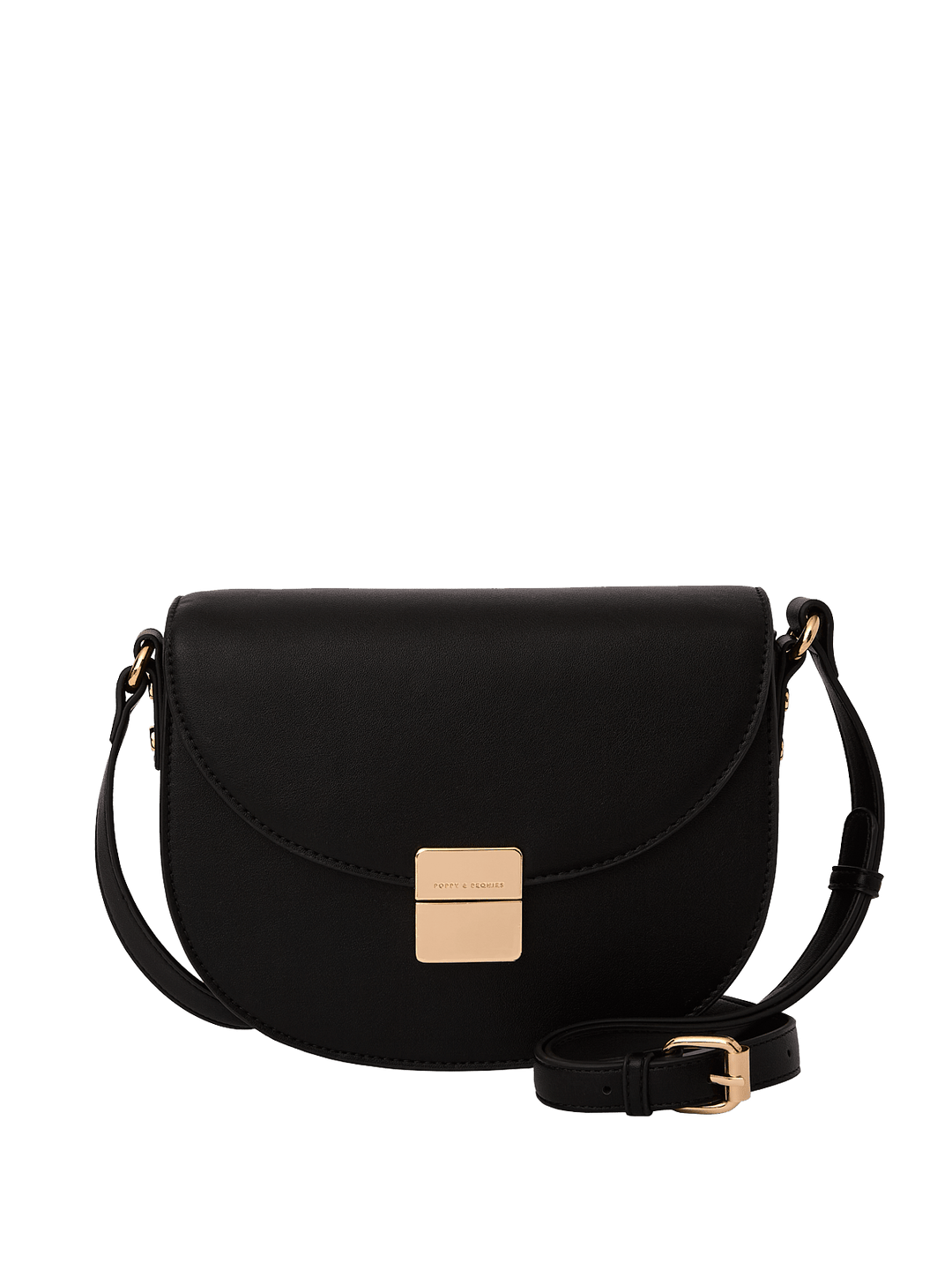 Black crossbody handbag with gold accents on a transparent background