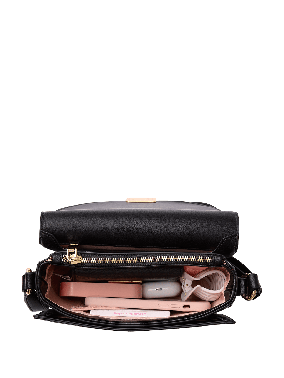 Black handbag with its interior open, showing various items on a transparent background