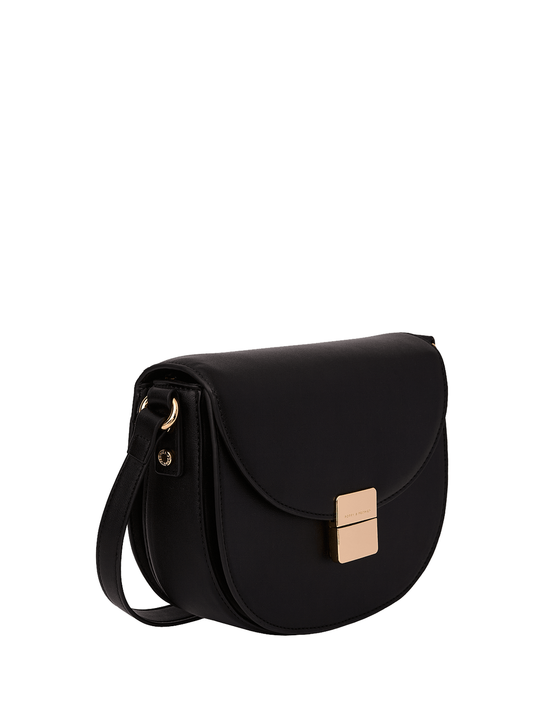 Black handbag with a gold clasp on a transparent background