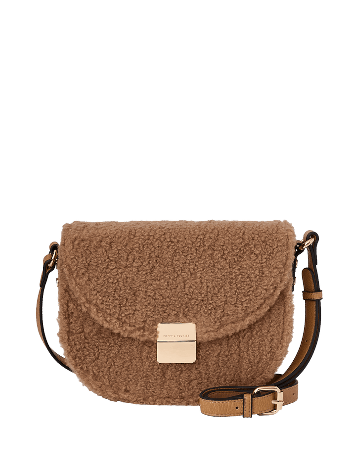 Brown faux fur crossbody bag with a vegan leather strap