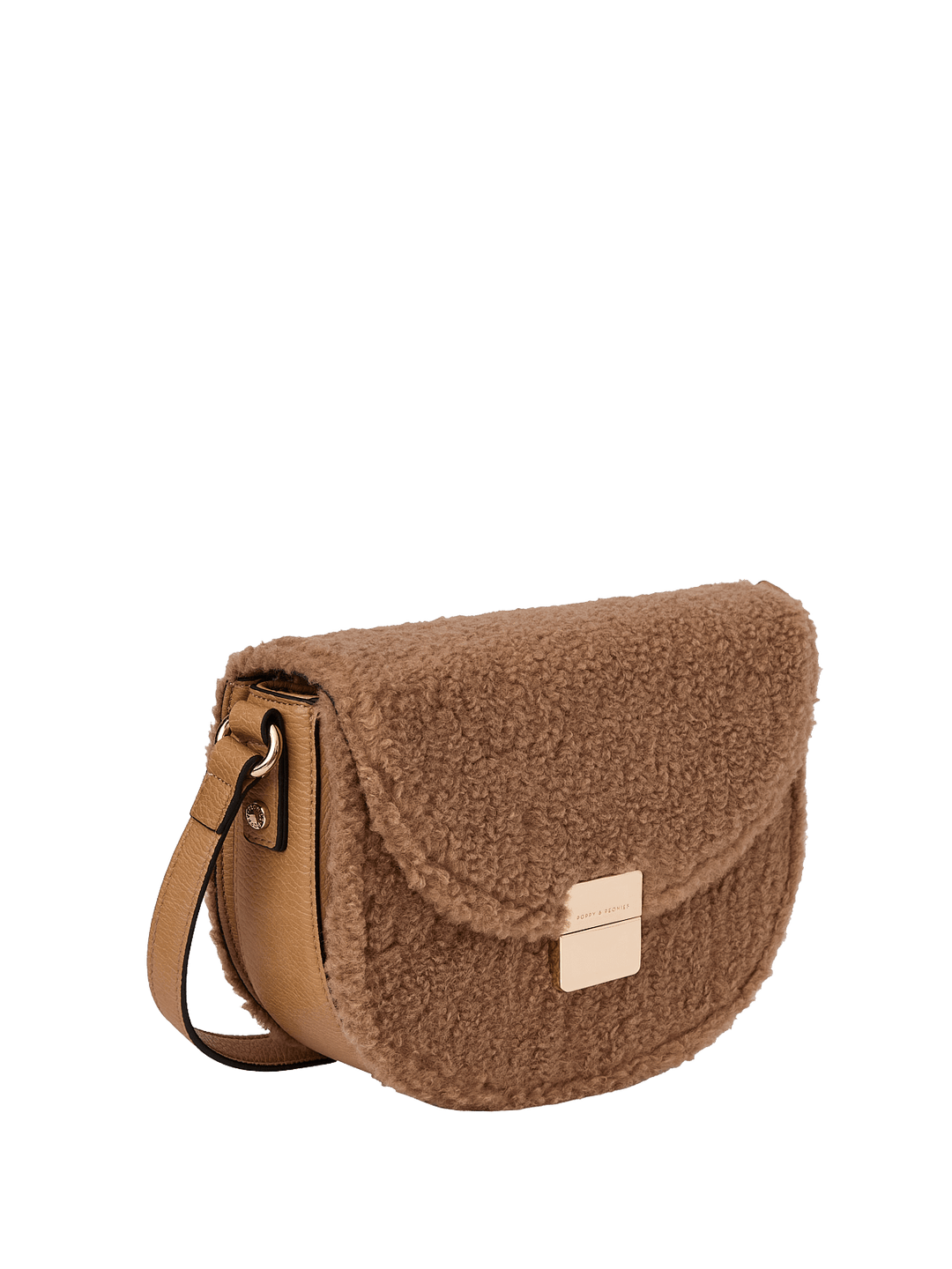 Brown faux fur crossbody bag with a vegan leather strap