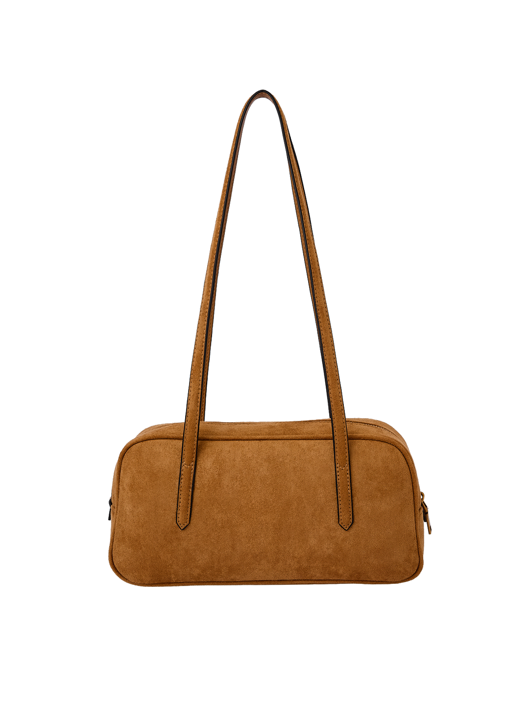 Poppy & Peonies The Friday Satchel in Cognac Suede back view, featuring a structured elongated silhouette and long shoulder straps.