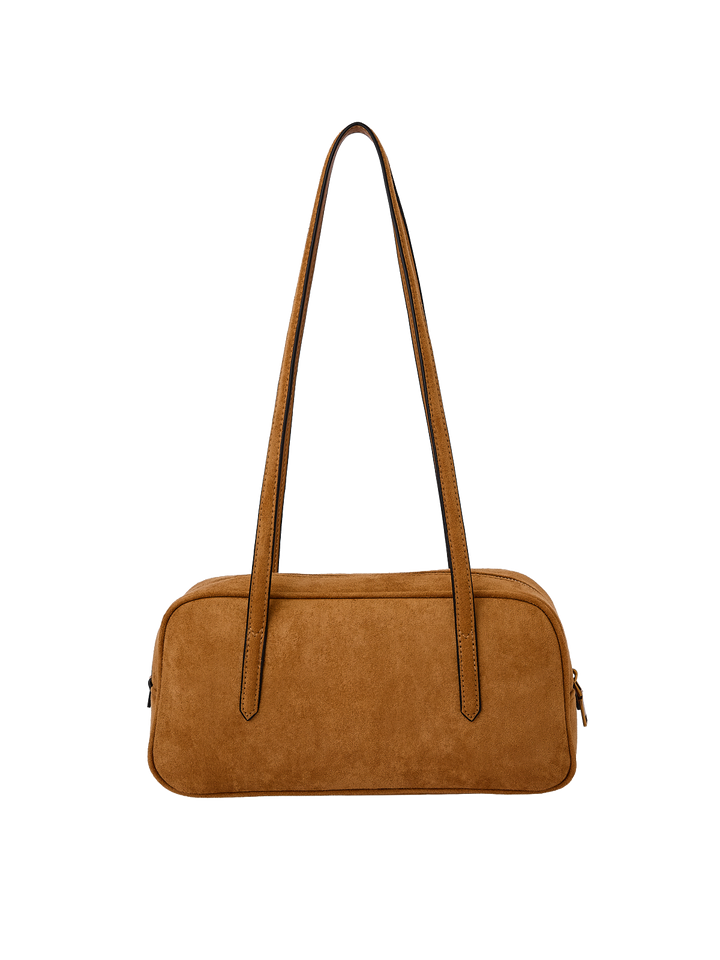 Poppy & Peonies The Friday Satchel in Cognac Suede back view, featuring a structured elongated silhouette and long shoulder straps.