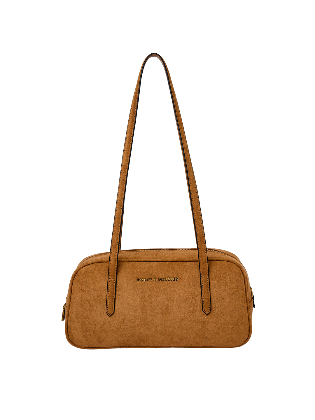 Poppy & Peonies The Friday Satchel in Cognac Suede front view, featuring long shoulder straps, a structured silhouette and signature gold-tone logo.