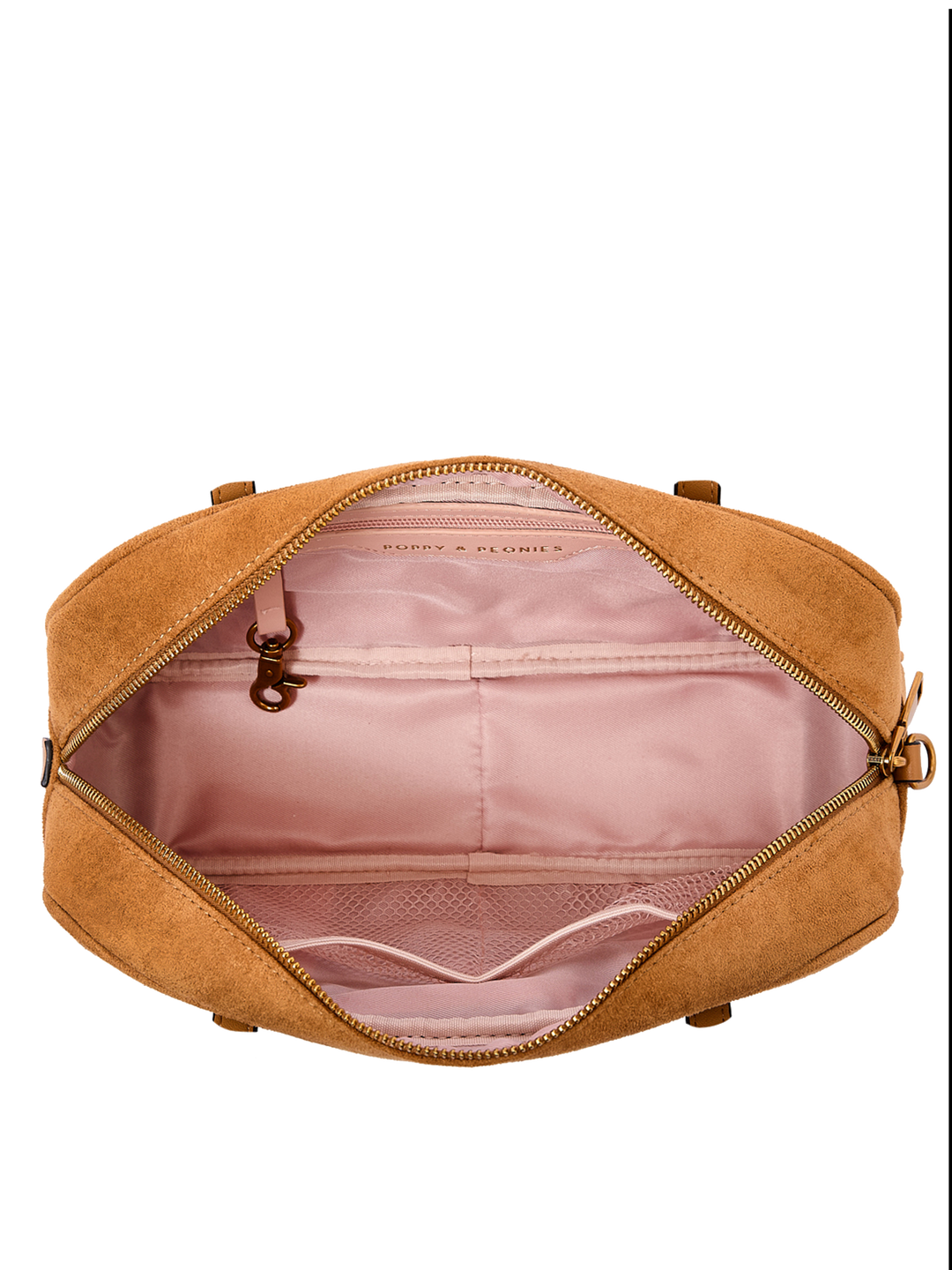 Poppy & Peonies The Friday Satchel in Cognac Suede open top view, showcasing the blush-pink lined interior with slip pockets, mesh pocket, zippered pocket and key clip.