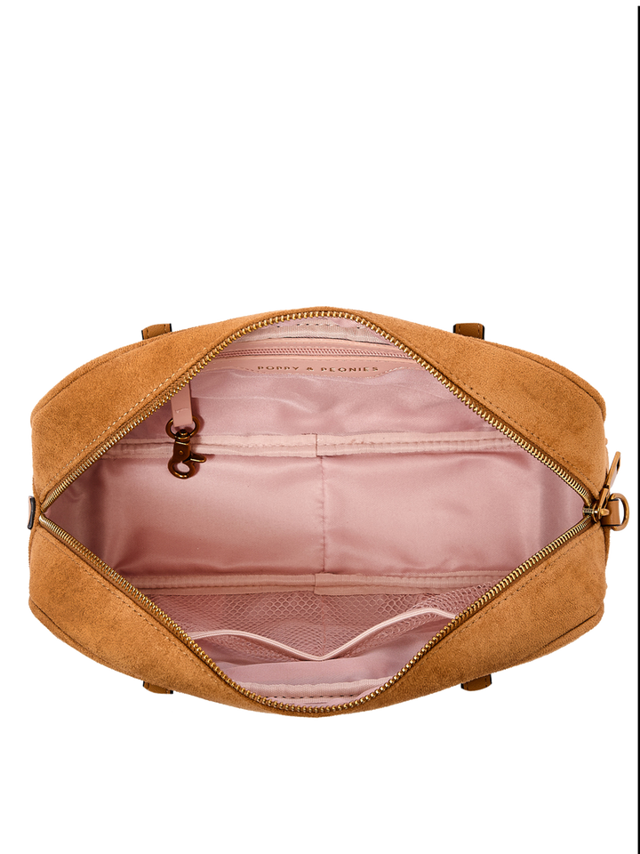 Poppy & Peonies The Friday Satchel in Cognac Suede open top view, showcasing the blush-pink lined interior with slip pockets, mesh pocket, zippered pocket and key clip.