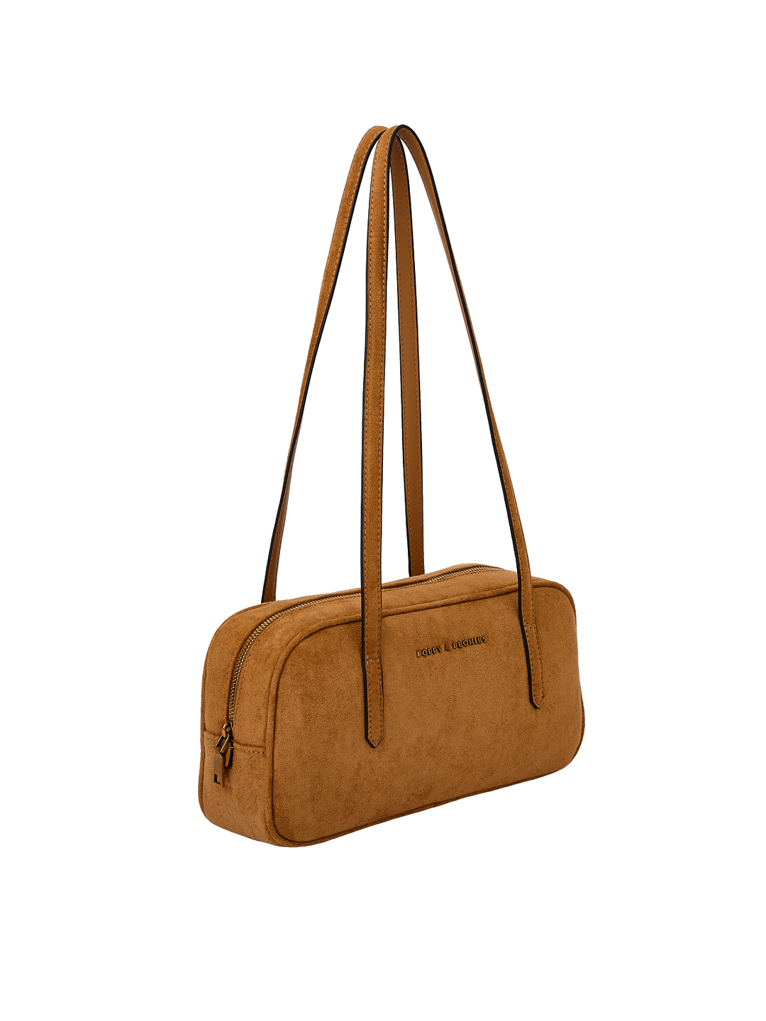 Poppy & Peonies The Friday Satchel in Cognac Suede angled side view, highlighting the slim structured shape, long shoulder straps and gold-tone zipper hardware.