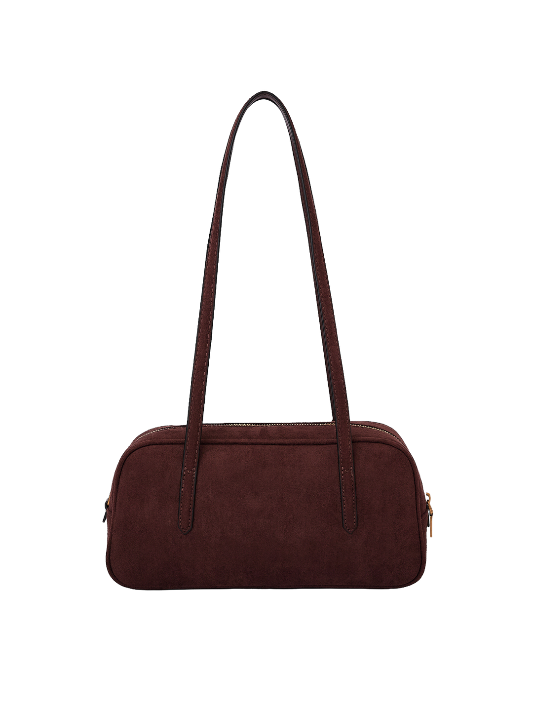 Poppy & Peonies The Friday Satchel in Espresso Suede back view, featuring a structured elongated silhouette and long shoulder straps.