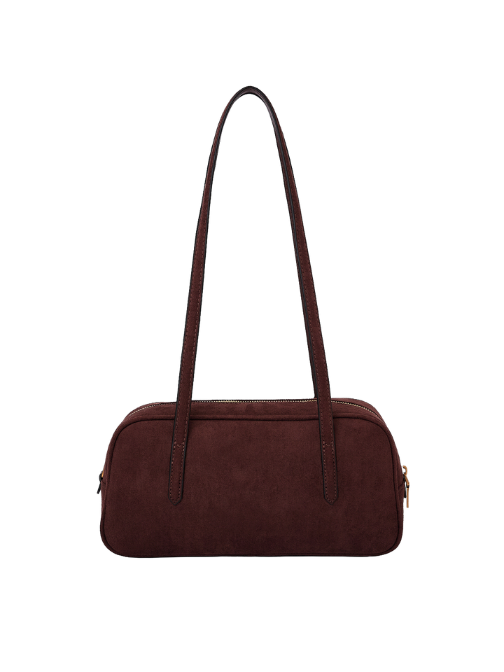 Poppy & Peonies The Friday Satchel in Espresso Suede back view, featuring a structured elongated silhouette and long shoulder straps.