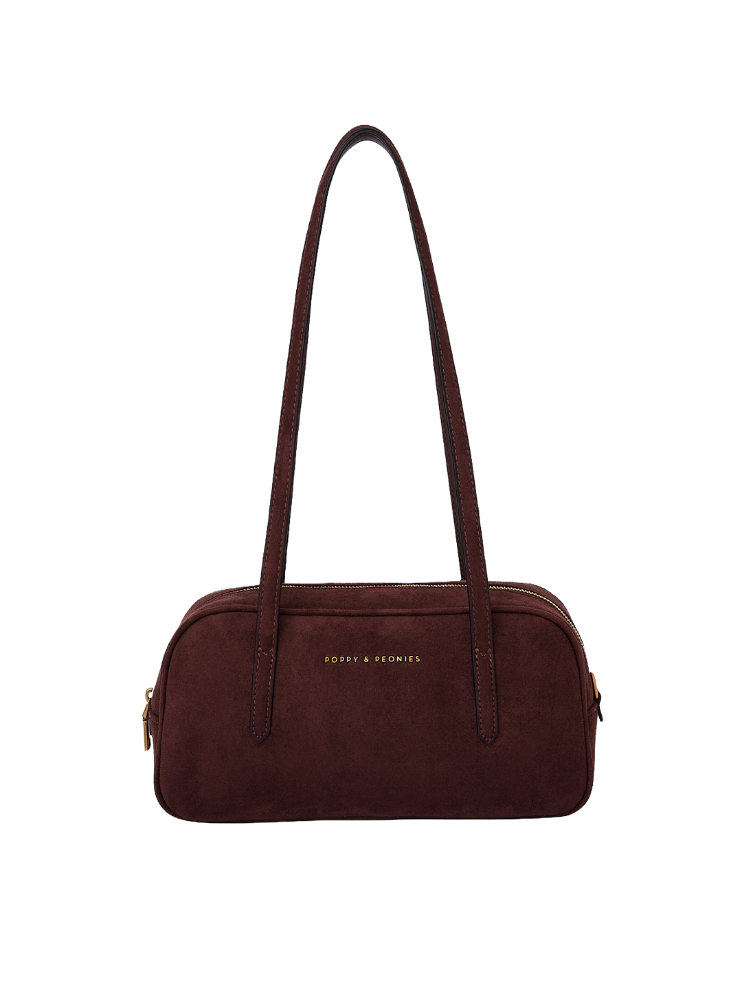 Poppy & Peonies The Friday Satchel in Espresso Suede front view, featuring long shoulder straps, a structured silhouette and signature gold-tone logo.
