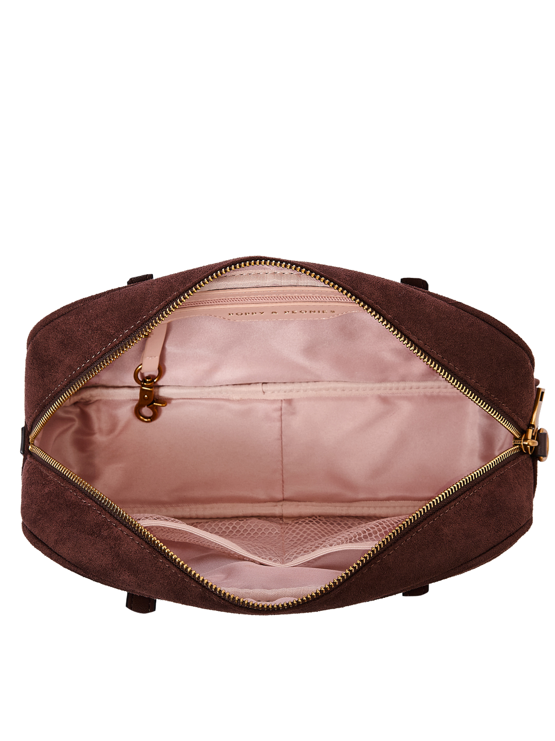 Poppy & Peonies The Friday Satchel in Espresso Suede open top view, showcasing the blush-pink lined interior with slip pockets, mesh pocket, zippered pocket and key clip.