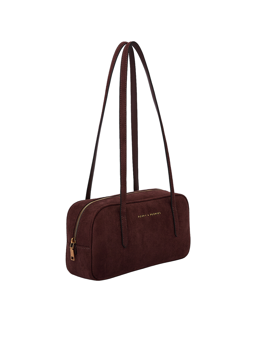 Poppy & Peonies The Friday Satchel in Espresso Suede angled side view, highlighting the slim structured shape, long shoulder straps and gold-tone zipper hardware.