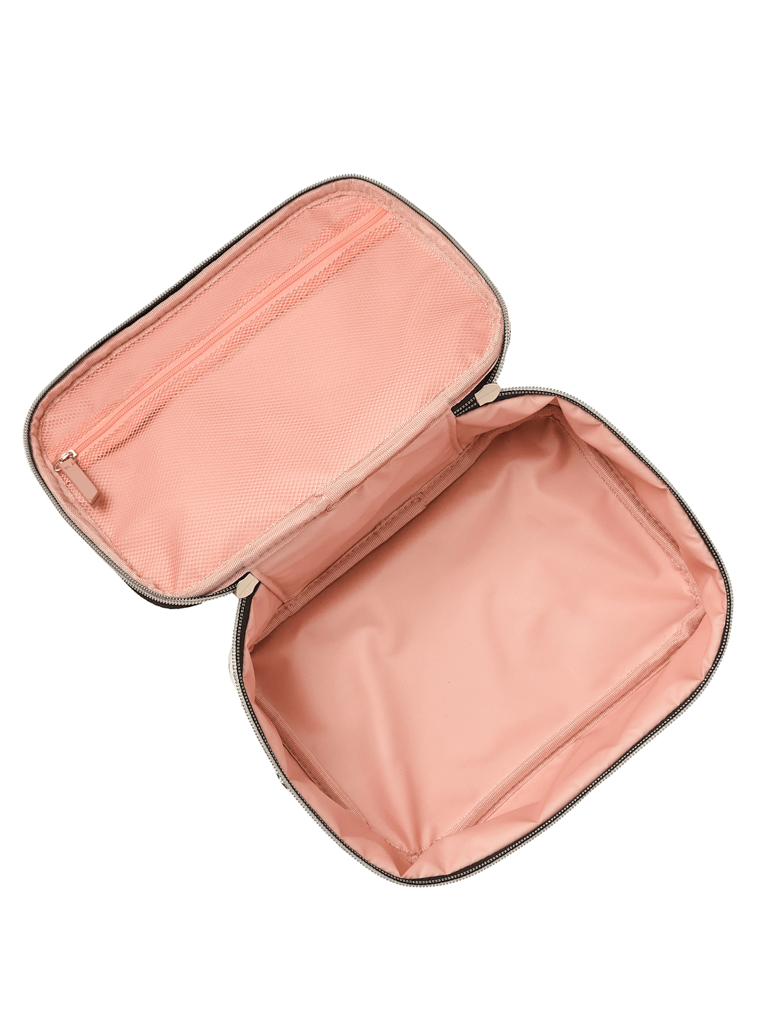 Open travel case with a pink interior
