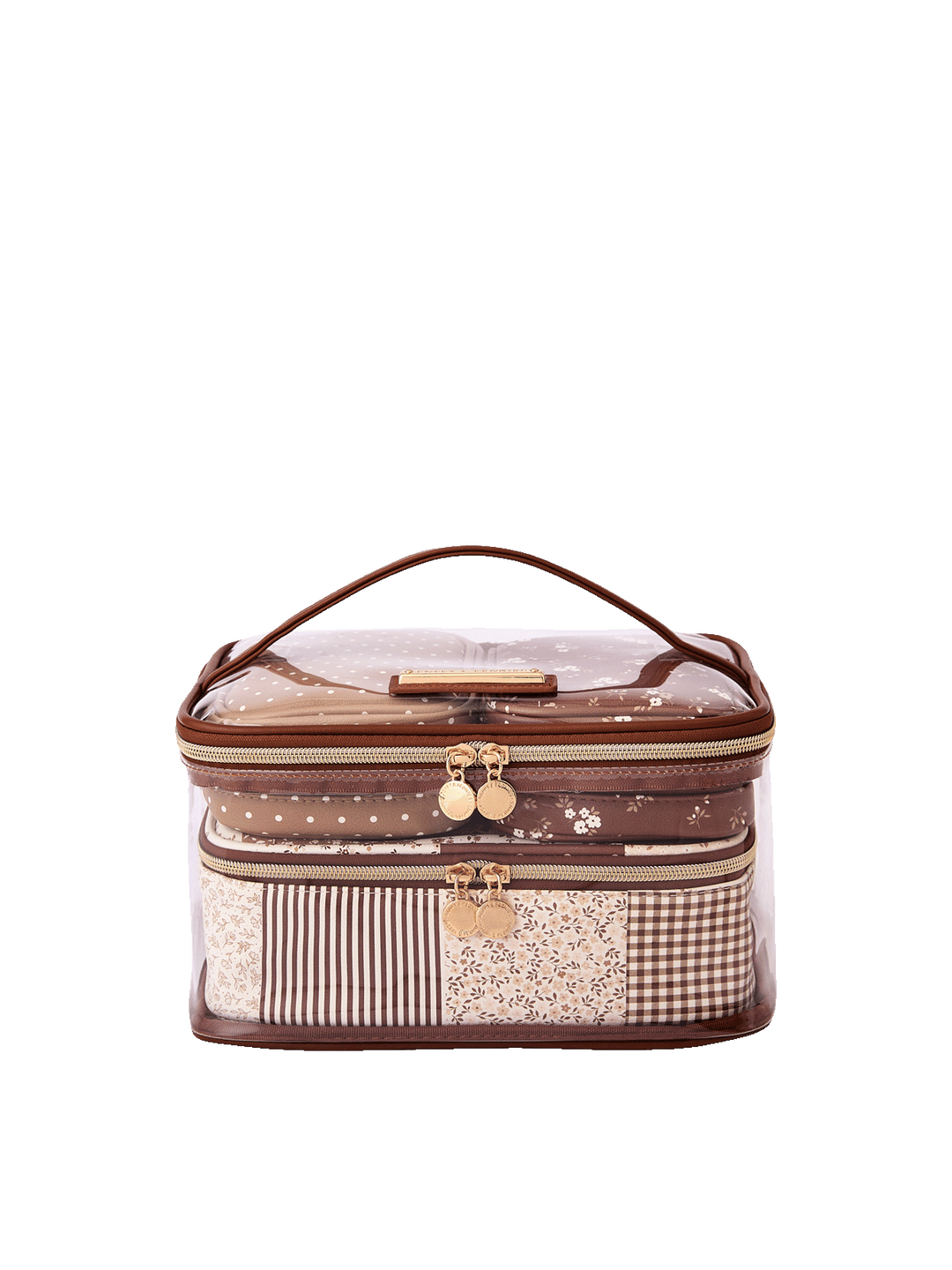 Getaway Cosmetic Set in Brown Patchwork with transparent travel case