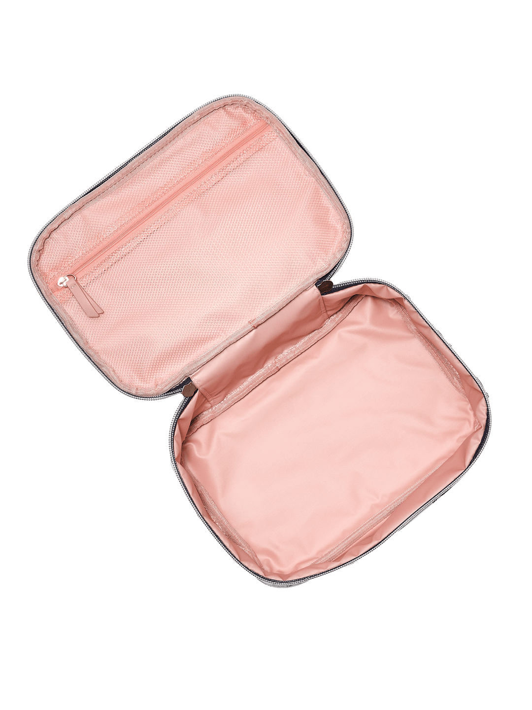 Pink travel case with open lid on a white background