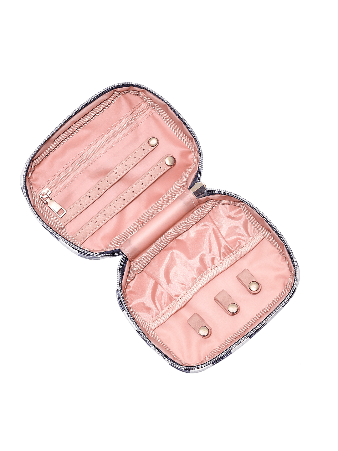 Open pink jewelry case with gold accents