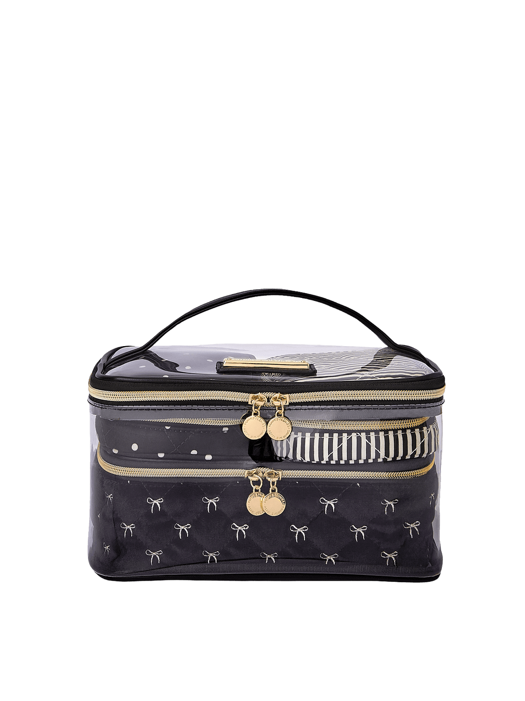 Poppy and Peonies Getaway Cosmetic Set Black Velvet featuring a structured rectangular cosmetic case with a clear front panel, black velvet exterior with delicate white bow patterns, black trim, top carrying handle, gold-tone zipper closures, and decorative round zipper pulls.