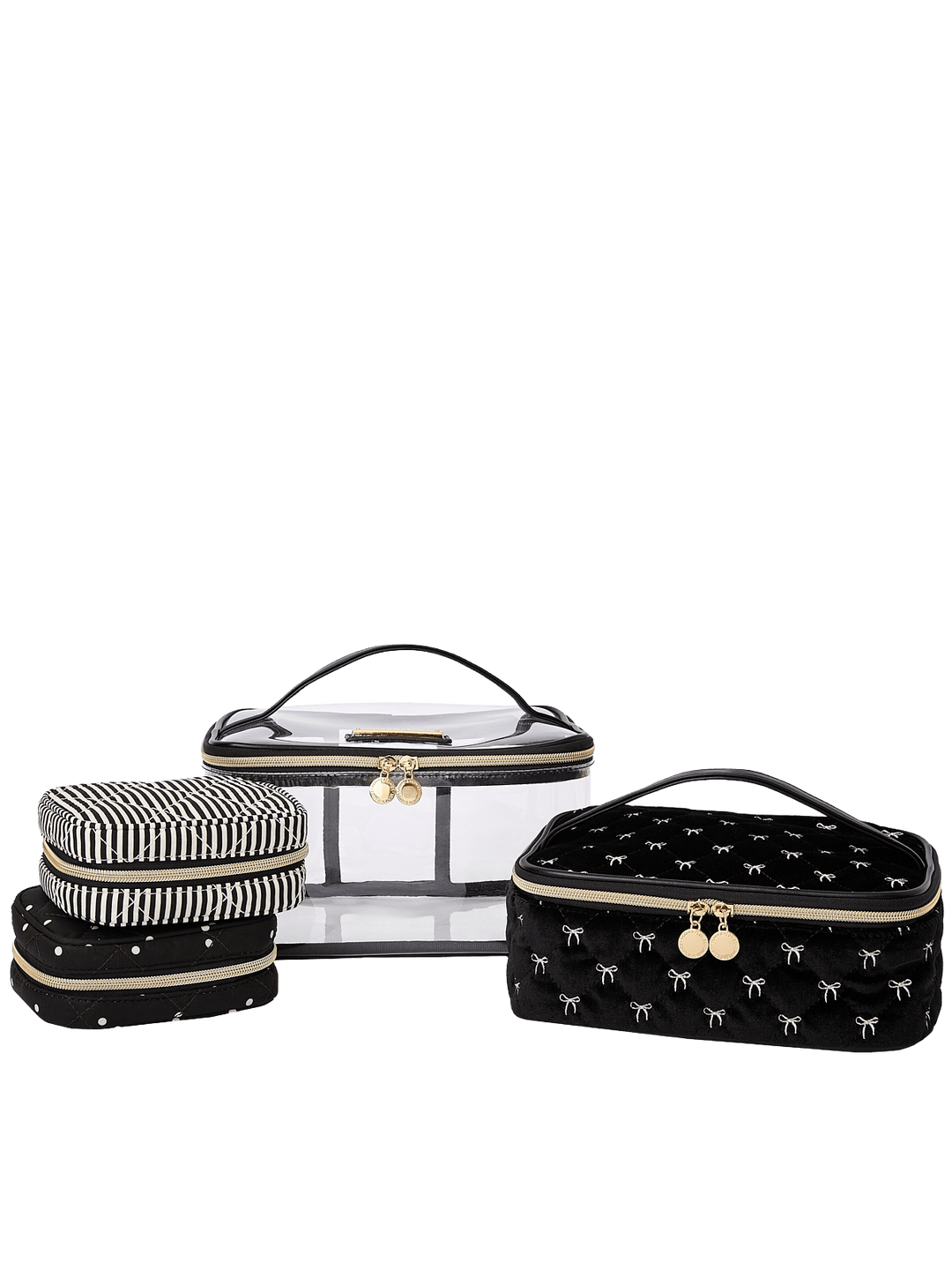 Poppy and Peonies Getaway Cosmetic Set Black Velvet featuring three coordinating cosmetic cases displayed together, showcasing a large clear-front case with black velvet and white bow patterns, a matching smaller patterned pouch, and a black and white striped organizer with gold-tone zipper hardware.