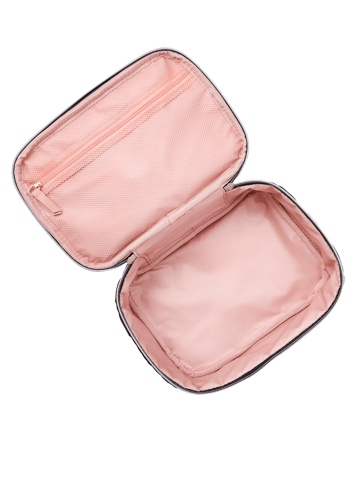 Poppy and Peonies Getaway Cosmetic Set Black Velvet featuring an open cosmetic pouch with a soft blush pink interior, spacious main compartment, and zip-around closure for organizing beauty essentials.