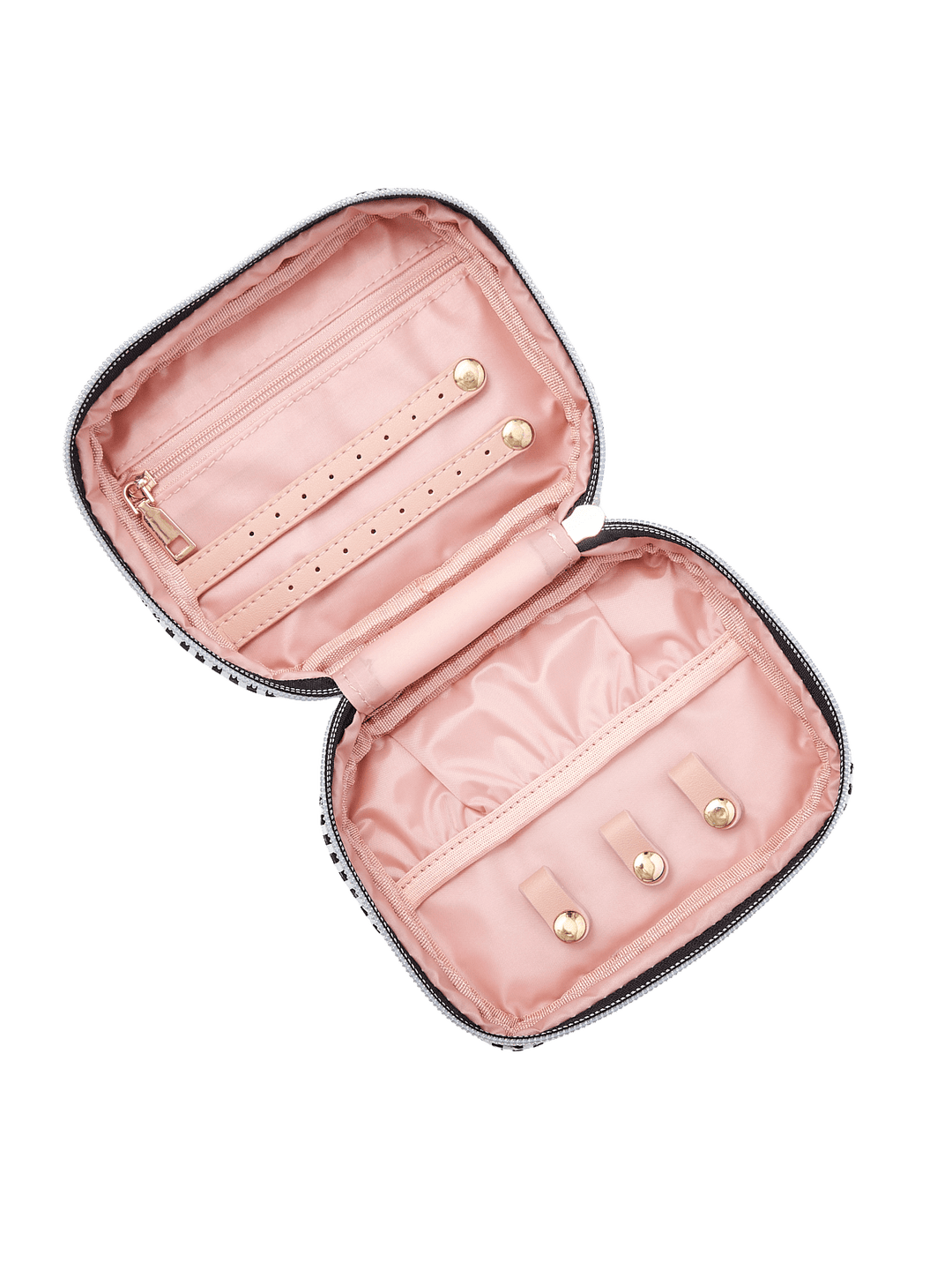 Poppy and Peonies Getaway Cosmetic Set Black Velvet featuring an open cosmetic organizer with blush pink lining, multiple elastic storage pockets, divided compartments, and gold-tone zipper hardware.