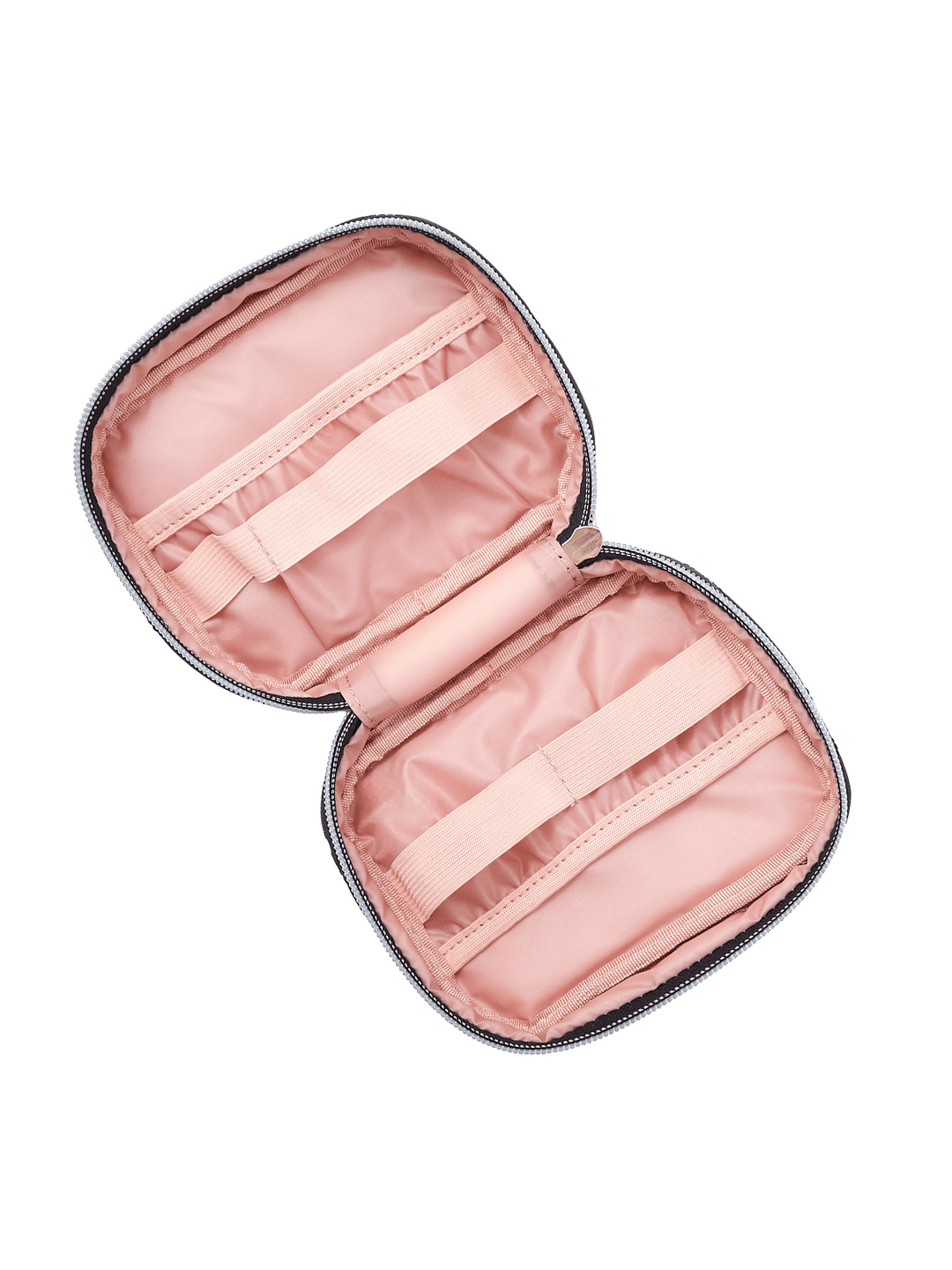 Poppy and Peonies Getaway Cosmetic Set Black Velvet displayed fully open at an angle, showcasing its blush pink interior, elastic organizers, zippered storage sections, and compartments for cosmetics and travel essentials.
